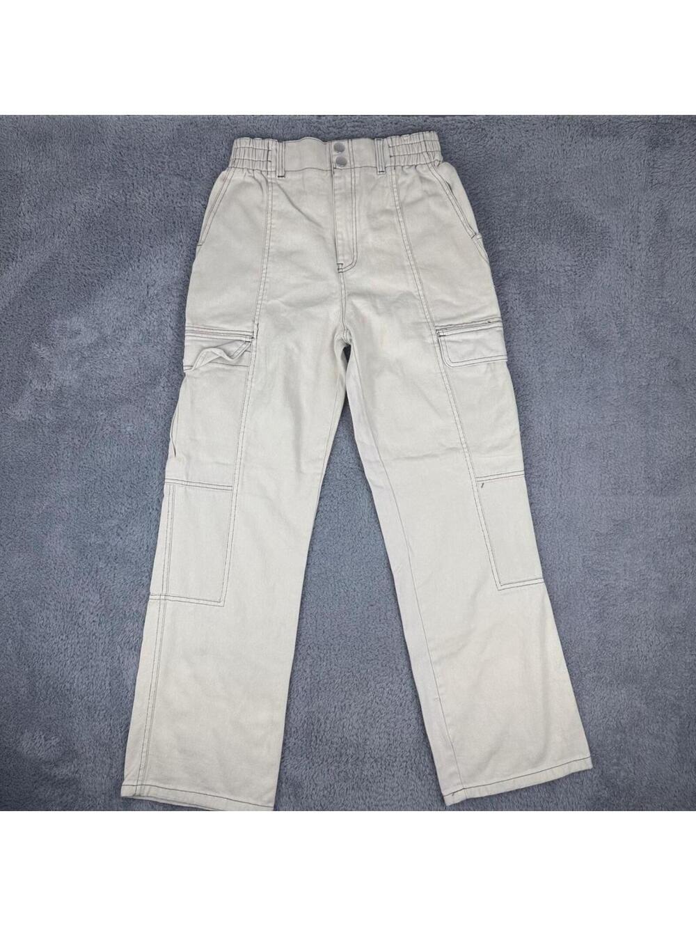 RSQ Cargo Pants Womens XL Beige Contrast Stitch High Waist Straight Leg Utility
